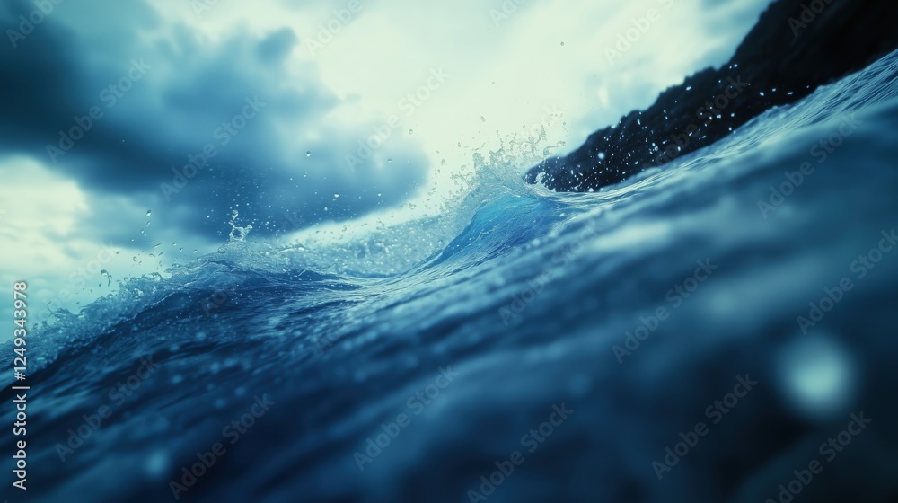 Wall mural a close-up view of a wave crashing against the shore with dramatic clouds in the background.