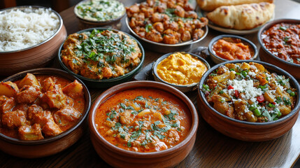 Fototapeta premium Aromatic Indian feast vibrant curries and dishes. table laden with delicious food