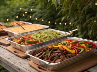 Colorful array of grilled meats and vegetables in trays at an outdoor gathering.