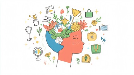 A head filled with flowers, symbolizing growth, creativity, and mindfulness.