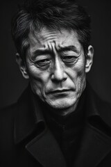 Black and white portrait of a thoughtful Japanese man in deep reflection
