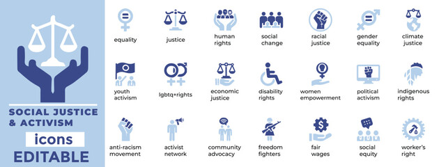 Social Justice and Activism vector icons equality, human rights, advocacy, activism, empowerment, and community impact
