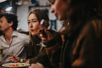 Friends gather around a table, sharing food and enjoying drinks in a warm, ambient indoor setting. The atmosphere is friendly, relaxed, and conversational, reflecting a genuine moment of connection.