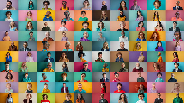Diverse people of all ages and cultures against vibrant colorful backgrounds