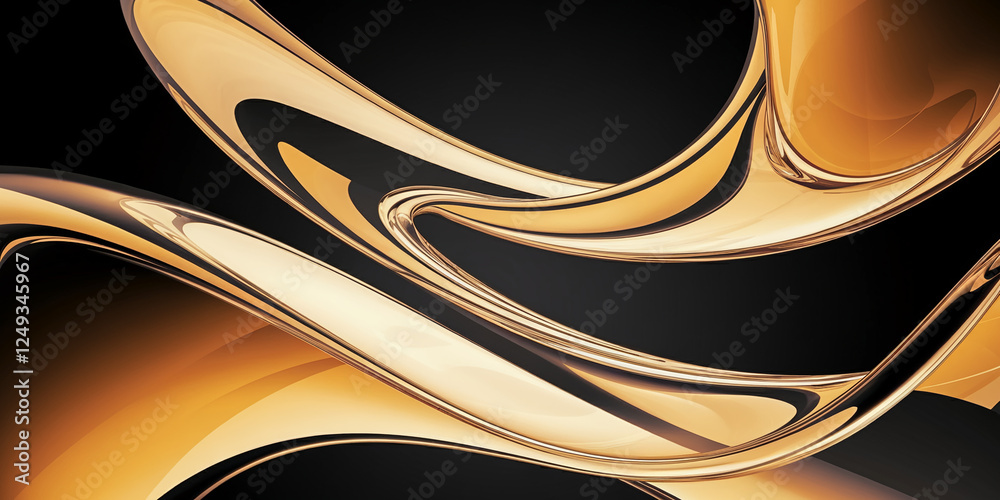 Poster A photo of smooth, flowing golden and black curves creating a dynamic abstract design, symbolizing elegance, fluidity, and modern luxury. Digital 3D fluid shape