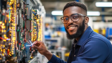 Technology of 5G: Wireless communication and streaming. Smiling technician working on electronic equipment in a workshop.
