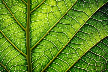 Obraz premium Vibrant green leaf texture in macro highlighting detailed vein network