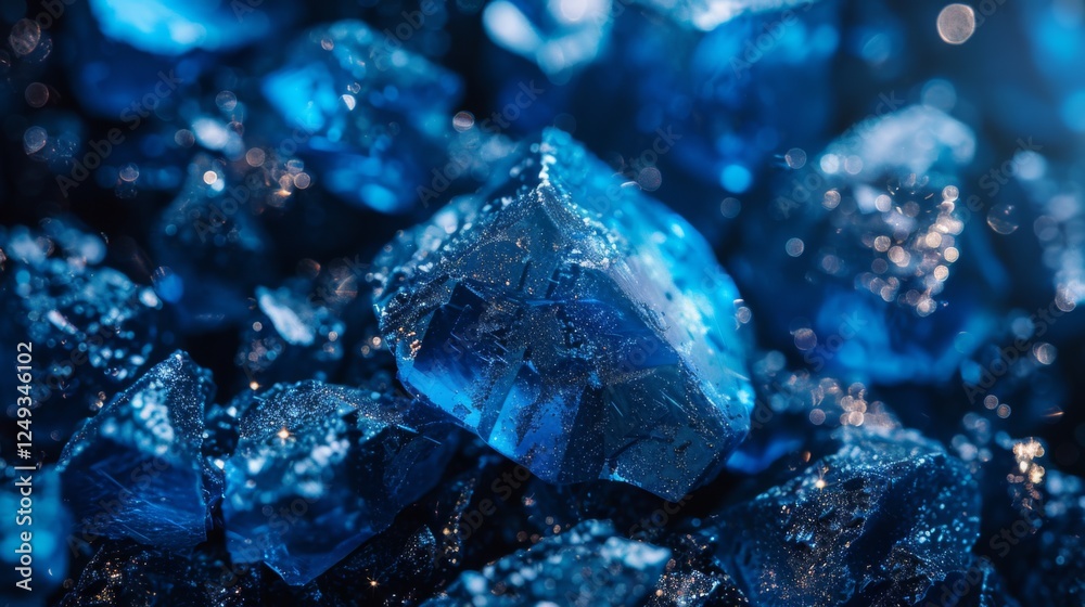 Poster sparkling blue crystals catch the light, revealing their unique textures and facets in a close up se