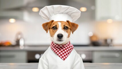 Cute Dog Dressed as a Chef Wearing a White Hat and Checkered Apron in Kitchen