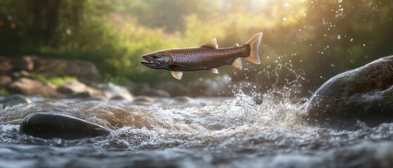 Obraz premium Salmon leaping upstream in dynamic motion against flowing river