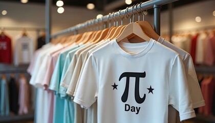 Pi Day themed t-shirts on hangers in a stylish boutique, math celebration symbol
