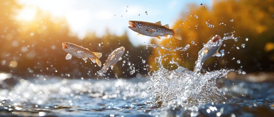 Fototapeta premium School of fish leaping from river in autumn sunlight