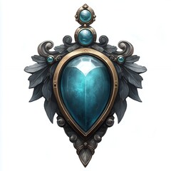 Ornate Heart-Shaped Shield Design Featuring Intricate Details and a Captivating Turquoise Gem on a White Background