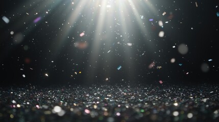 Colorful confetti falling in a beam of light against a dark background.