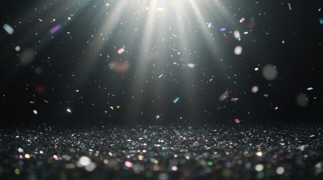 Colorful confetti falling in a beam of light against a dark background. - Powered by Adobe
