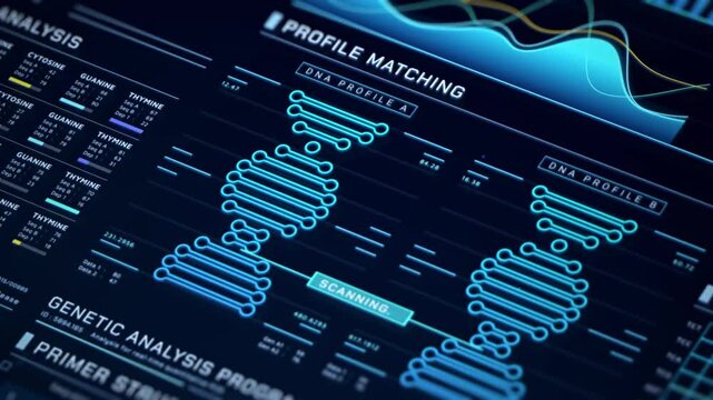 DNA Helix analysis visualization data, genome sequence ui screen, futuristic genetic engineering lab infographic interface, 3D biotechnology scan report dashboard, medical science technology backgound