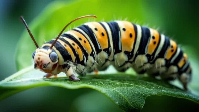 Close-up scene of a silkworm walking on a leaf, smooth repetitive motion for background video animation
