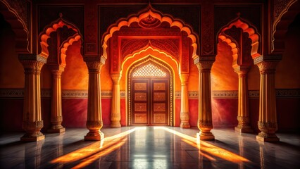 Ornate Red and Gold Interior with Columns and Arches