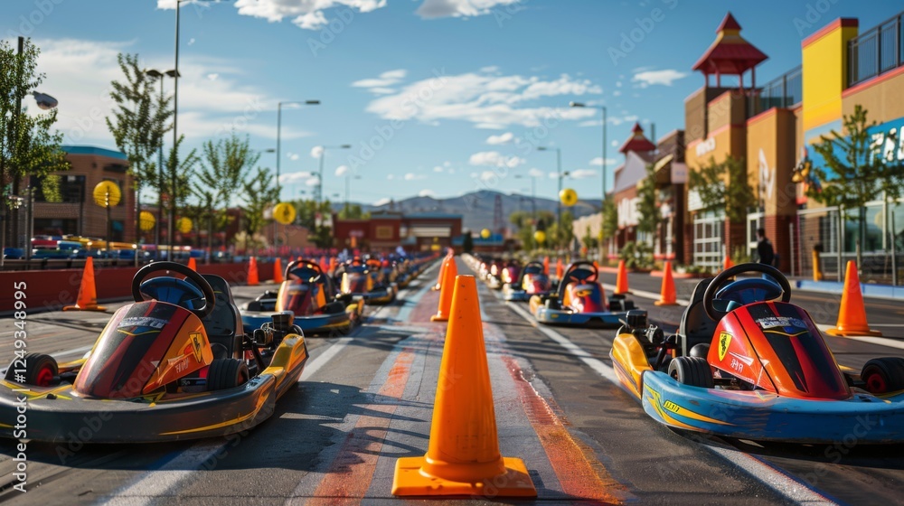 Poster go karts line up along a colorful racing track, surrounded by orange cones and a lively shopping are