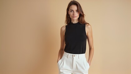 Obraz premium Confident woman in black top with neutral background, fashion advertisement