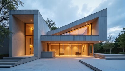 Fototapeta premium Modern architectural building with warm lighting, dusk exterior, architectural design inspiration