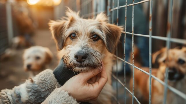 A scruffy brown and white dog is gently held by a person at an animal shelter. Soft evening light. Adoption and rescue - Powered by Adobe
