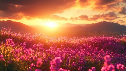 Fototapeta premium Majestic sunset over mountain meadow ablaze with wildflowers