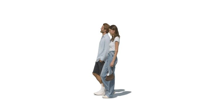 Man and woman walking in side view in sunlight on isolated white and transparent background. Prores video with alpha channel and animated shadows