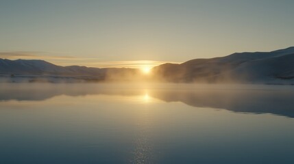 Fototapeta premium A serene sunrise reflecting on a tranquil lake surrounded by misty mountains.