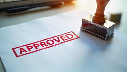 Approved stamp on document in office light, symbolizes acceptance and validation