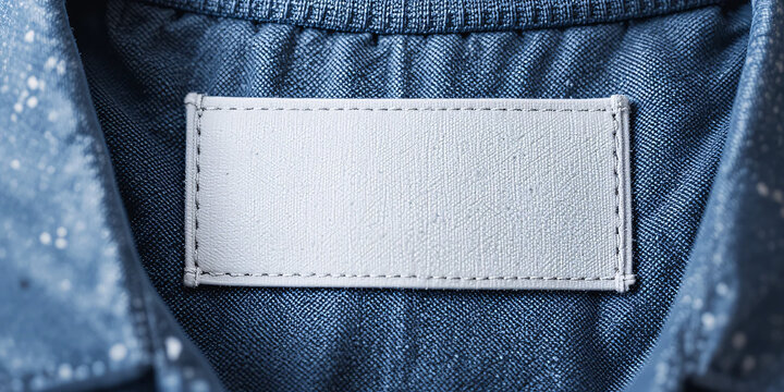 Blank White Label on Light Blue shirt Fabric Close-Up View, Textured Surface, Rectangular with Rounded Corners for mockups 