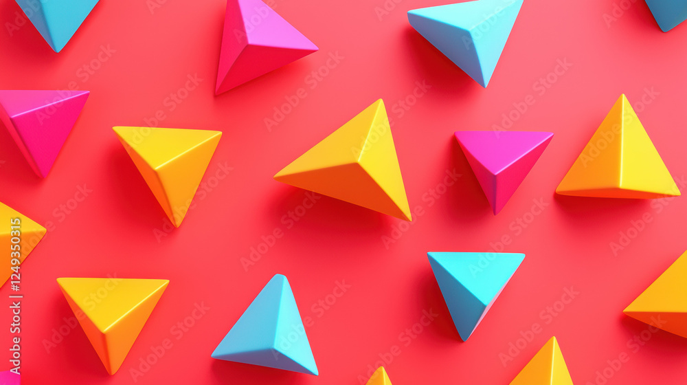 Aufkleber Colorful geometric shapes create vibrant pattern on red background, evoking playful and energetic atmosphere
