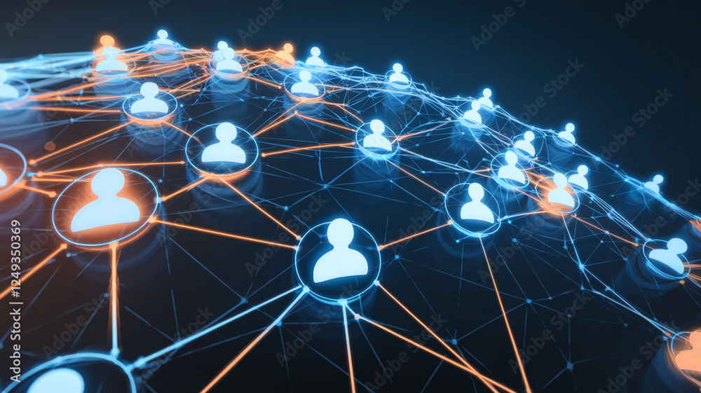 Poster a digital concept showcasing a network of connected people icons represented by glowing lines and no