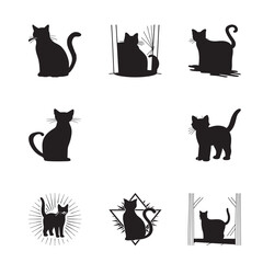 Nine Black Cat Silhouettes in Various Poses