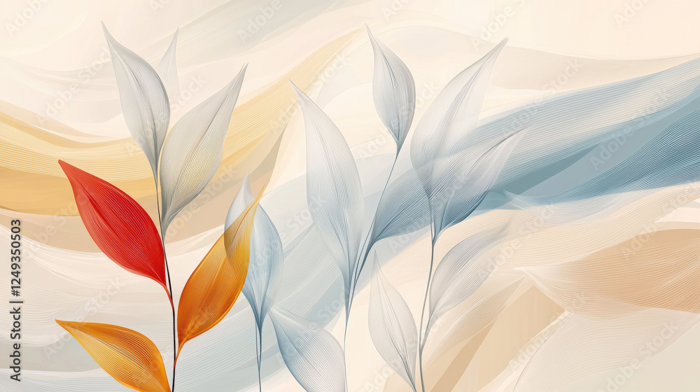Leinwandbilder Artistic line drawing with abstract leaves in soft colors, creating serene atmosphere