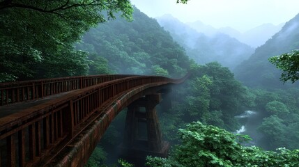 Serene wooden bridge meandering through lush green forest with misty mountains in the background