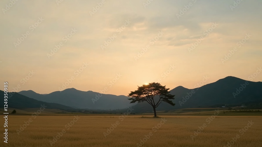 Wall mural a serene view of a sunset behind mountains with a single tree in a golden field.