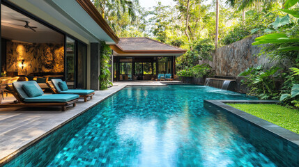 Fototapeta premium Serene poolside villa tranquil escape lush greenery inviting pool luxurious relaxation