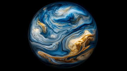 Abstract Planet with Swirling Blue and Gold Patterns
