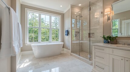 A large bathroom with a white tub and a shower stall
