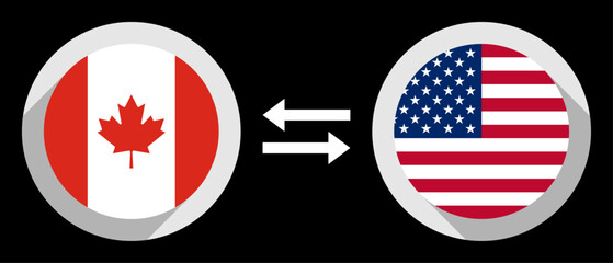 cad to usd exchange rate concept. round icons with canada and united states flags