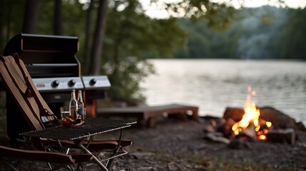 Cozy lakeside campfire setting with grill, drinks, and chairs near tranquil water at sunset