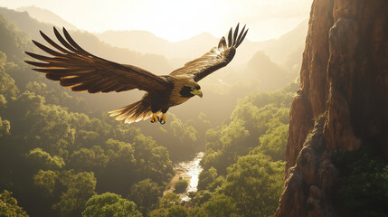 Golden Eagle in Flight Over Majestic Mountain Landscape at Sunrise