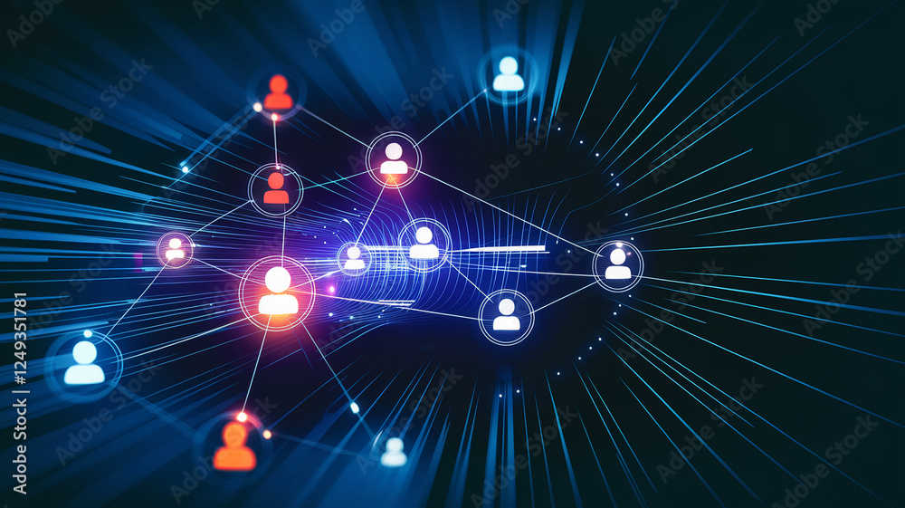 Poster a sleek and modern digital concept showcasing interconnected users represented by glowing icons, sym