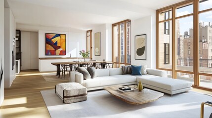 Fototapeta premium Modern living room with large windows, minimalist furniture, and a dining area.