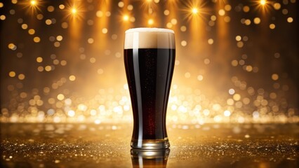 Festive Golden Background with a Glass of Dark Beer and Bokeh Effects