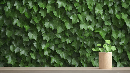 Lush green leaves create vibrant backdrop, complemented by wooden planter with small plant, enhancing natural ambiance