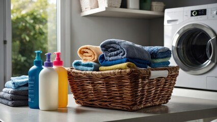 Basket of chemical and alternative eco detergent, cleaning and laundry products on a table with towels on laundry room with washing machine background