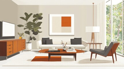 Modern living room with minimalist decor, featuring a sofa, chairs, and artwork.