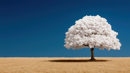 A lone cherry blossom tree with white blooms standing in a golden meadow under a deep blue sky, radiating tranquility and natural beauty